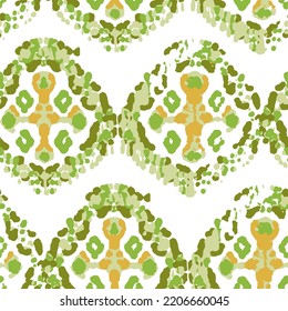 Ethnic Vector Pattern. Bohemian Peacock Print. Vintage Ornament. Rhombus Watercolor Background. Fashion Retro Art. Abstract Modern Batik. Green and Turquoise Geometric Ikat Seamless Design.