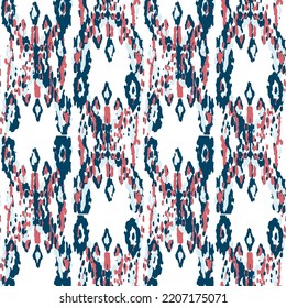 Ethnic Vector Pattern. Bohemian Peacock Print. Indigo Blue and Red Geometric Ikat Seamless Design. Fashion Retro Art. Abstract Modern Batik. Vintage Ornament. Rhombus Watercolor Background.