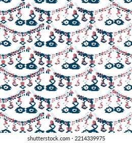 Ethnic Vector Pattern. Bohemian Peacock Print. Fashion Retro Art. Abstract Modern Batik. Geometric Ikat Seamless Design. Indigo Blue and Red Vintage Ornament. Rhombus Watercolor Background.