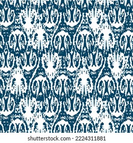 Ethnic Vector Pattern. Bohemian Peacock Print. Fashion Retro Art. Indigo Blue and Red Geometric Ikat Seamless Design. Abstract Modern Batik. Vintage Ornament. Rhombus Watercolor Background.