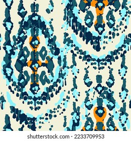 Ethnische Vektormuster. Bohemian Peacock Print. Geometrisches Ikat Nahtloses Design. Fashion Retro Art. Blue und Indigo Vintage Ornament. Rhombus Aquarell, Hintergrund. Abstrakte moderne Batik.