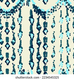 Ethnic Vector Pattern. Bohemian Peacock Print. Geometric Ikat Seamless Design. Fashion Retro Art. Abstract Modern Batik. Vintage Ornament. Rhombus Watercolor Background. Blue and Indigo