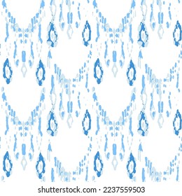Ethnic Vector Pattern. Bohemian Peacock Print. Fashion Retro Art. Vintage Ornament. Rhombus Watercolor Background. Blue and Indigo Geometric Ikat Seamless Design. Abstract Modern Batik.