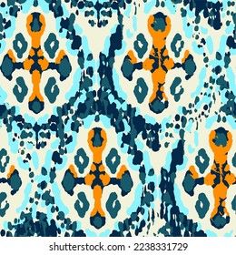 Ethnic Vector Pattern. Bohemian Peacock Print. Abstract Modern Batik. Fashion Retro Art. Blue and Indigo Geometric Ikat Seamless Design. Vintage Ornament. Rhombus Watercolor Background.
