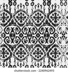 Ethnic Vector Pattern. Bohemian Peacock Print. Monochrome and Greyscale Abstract Modern Batik. Vintage Ornament. Rhombus Watercolor Background. Geometric Ikat Seamless Design. Fashion Retro Art.