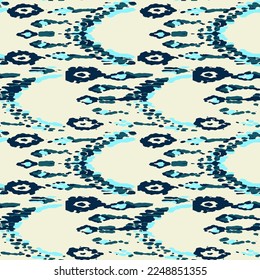 Ethnic Vector Pattern. Bohemian Peacock Print. Geometric Ikat Seamless Design. Fashion Retro Art. Abstract Modern Batik. Vintage Ornament. Rhombus Watercolor Background. Blue and Indigo