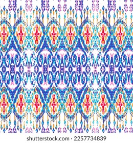 Ethnic Vector Pattern. Bohemian Peacock Print. Indigo Blue and Red Abstract Modern Batik. Geometric Ikat Seamless Design. Vintage Ornament. Rhombus Watercolor Background. Fashion Retro Art.