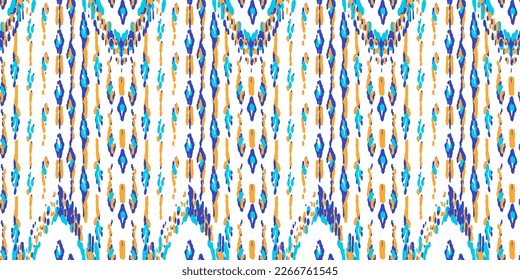 Ethnic Vector Pattern. Bohemian Peacock Print. Abstract Modern Batik. Indigo Blue and Red Geometric Ikat Seamless Design. Vintage Ornament. Rhombus Watercolor Background. Fashion Retro Art.