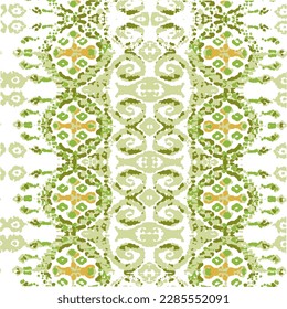 Ethnic Vector Pattern. Bohemian Peacock Print. Green and Turquoise Abstract Modern Batik. Vintage Ornament. Rhombus Watercolor Background. Fashion Retro Art. Geometric Ikat Seamless Design.