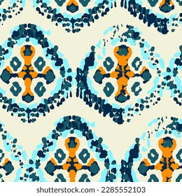 Ethnic Vector Pattern. Bohemian Peacock Print. Geometric Ikat Seamless Design. Abstract Modern Batik. Fashion Retro Art. Blue and Indigo Vintage Ornament. Rhombus Watercolor Background.