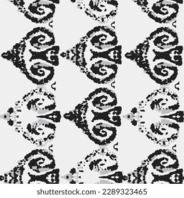 Ethnic Vector Pattern. Bohemian Peacock Print. Abstract Modern Batik. Monochrome and Greyscale Fashion Retro Art. Geometric Ikat Seamless Design. Vintage Ornament. Rhombus Watercolor Background.