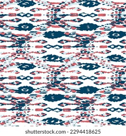 Ethnic Vector Pattern. Bohemian Peacock Print. Abstract Modern Batik. Geometric Ikat Seamless Design. Fashion Retro Art. Indigo Blue and Red Vintage Ornament. Rhombus Watercolor Background.