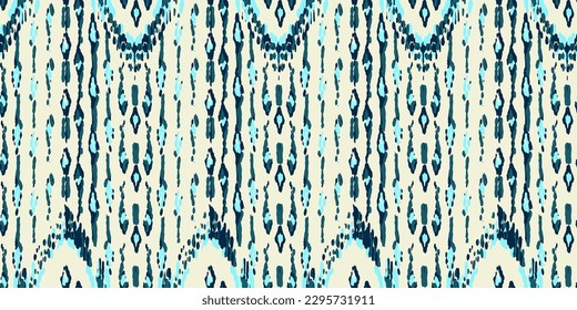 Ethnic Vector Pattern. Bohemian Peacock Print. Geometric Ikat Seamless Design. Abstract Modern Batik. Vintage Ornament. Rhombus Watercolor Background. Fashion Retro Art. Blue and Indigo