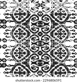 Ethnic Vector Pattern. Bohemian Peacock Print. Geometric Ikat Seamless Design. Fashion Retro Art. Vintage Ornament. Rhombus Watercolor Background. Monochrome and Greyscale Abstract Modern Batik.