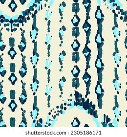 Ethnic Vector Pattern. Bohemian Peacock Print. Fashion Retro Art. Blue and Indigo Vintage Ornament. Rhombus Watercolor Background. Geometric Ikat Seamless Design. Abstract Modern Batik.