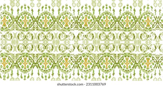 Ethnic Vector Pattern. Bohemian Peacock Print. Green and Turquoise Fashion Retro Art. Vintage Ornament. Rhombus Watercolor Background. Abstract Modern Batik. Geometric Ikat Seamless Design.