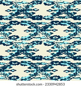 Ethnic Vector Pattern. Bohemian Peacock Print. Geometric Ikat Seamless Design. Fashion Retro Art. Vintage Ornament. Rhombus Watercolor Background. Blue and Indigo Abstract Modern Batik.