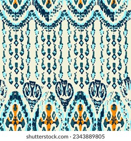 Ethnic Vector Pattern. Bohemian Peacock Print. Fashion Retro Art. Vintage Ornament. Rhombus Watercolor Background. Geometric Ikat Seamless Design. Blue and Indigo Abstract Modern Batik.