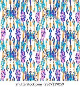Ethnic Vector Pattern. Bohemian Peacock Print. Geometric Ikat Seamless Design. Fashion Retro Art. Abstract Modern Batik. Indigo Blue and Red Vintage Ornament. Rhombus Watercolor Background.