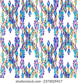 Ethnic Vector Pattern. Bohemian Peacock Print. Indigo Blue and Red Vintage Ornament. Rhombus Watercolor Background. Geometric Ikat Seamless Design. Fashion Retro Art. Abstract Modern Batik.