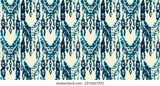 Ethnic Vector Pattern. Bohemian Peacock Print. Geometric Ikat Seamless Design. Abstract Modern Batik. Vintage Ornament. Rhombus Watercolor Background. Fashion Retro Art. Blue and Indigo