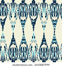 Ethnic Vector Pattern. Bohemian Peacock Print. Vintage Ornament. Rhombus Watercolor Background. Abstract Modern Batik. Fashion Retro Art. Blue and Indigo Geometric Ikat Seamless Design.