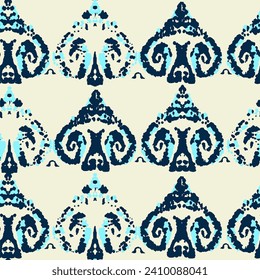 Ethnic Vector Pattern. Bohemian Peacock Print. Blue and Indigo Geometric Ikat Seamless Design. Abstract Modern Batik. Vintage Ornament. Rhombus Watercolor Background. Fashion Retro Art.