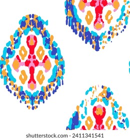 Ethnic Vector Pattern. Bohemian Peacock Print. Fashion Retro Art. Vintage Ornament. Rhombus Watercolor Background. Indigo Blue and Red Geometric Ikat Seamless Design. Abstract Modern Batik.