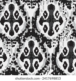 Ethnic Vector Pattern. Bohemian Peacock Print. Abstract Modern Batik. Geometric Ikat Seamless Design. Vintage Ornament. Rhombus Watercolor Background. Monochrome and Greyscale Fashion Retro Art.