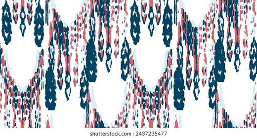 Ethnic Vector Pattern. Bohemian Peacock Print. Fashion Retro Art. Vintage Ornament. Rhombus Watercolor Background. Indigo Blue and Red Abstract Modern Batik. Geometric Ikat Seamless Design.