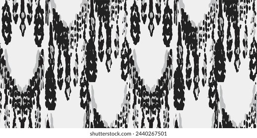 Ethnic Vector Pattern. Bohemian Peacock Print. Abstract Modern Batik. Geometric Ikat Seamless Design. Monochrome and Greyscale Fashion Retro Art. Vintage Ornament. Rhombus Watercolor Background.