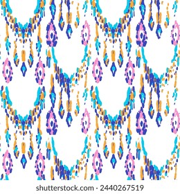 Ethnic Vector Pattern. Bohemian Peacock Print. Vintage Ornament. Rhombus Watercolor Background. Indigo Blue and Red Geometric Ikat Seamless Design. Fashion Retro Art. Abstract Modern Batik.