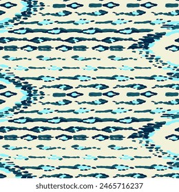 Ethnic Vector Pattern. Bohemian Peacock Print. Geometric Ikat Seamless Design. Vintage Ornament. Rhombus Watercolor Background. Fashion Retro Art. Blue and Indigo Abstract Modern Batik.