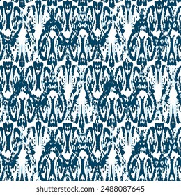 Ethnic Vector Pattern. Bohemian Peacock Print. Indigo Blue and Red Abstract Modern Batik. Vintage Ornament. Rhombus Watercolor Background. Geometric Ikat Seamless Design. Fashion Retro Art.