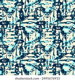 Ethnic Vector Pattern. Bohemian Peacock Print. Abstract Modern Batik. Geometric Ikat Seamless Design. Blue and Indigo Fashion Retro Art. Vintage Ornament. Rhombus Watercolor Background.