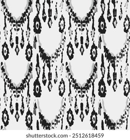 Padrão Étnico Vetorial. Pavão Boêmio. Resumo Modern Batik. Moda Retro Art. Ornamento Vintage. Rhombus Aquarela Fundo. Monocromático e Geométrico Tons de Cinza Ikat Design sem Costura.