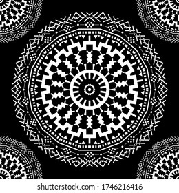 Patrón ininterrumpido de vectores de mandalas redondeados por vectores étnicos. Fondo abstracto geométrico en blanco y negro. Formas geométricas, círculos, líneas de zag en zig, marcos. Ornamentos repetidos de estilo tribal.