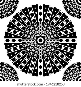 Ethnischer Vektor rund mandalas Vektor nahtlose Muster. Abstrakter geometrischer schwarz-weißer Hintergrund. Geometrische Formen, Kreise, Streifen, Linien, Rahmen. Zierige volkstümliche Stil wiederholen gestreiften Ornament.