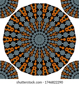 Patrón ininterrumpido de vectores étnicos alrededor de mandalas. Fondo de flor geométrico abstracto. Geometry zig líneas de zag, rayas, formas. Ornamento de zigzag de estilo tribal folk. Diseño aislado en blanco.