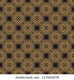 Ethnic vector seamless pattern in aztec style. Abstract background in colors of gold and black. Premium ornate texture with decotative elements