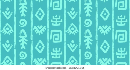 Ethnic vector seamless pattern featuring eye, swirl and tropical fish bone elements. Traditional patchwork drawing of blue vertical lines with crayon wax, charcoal and ink brush textures for wallpaper