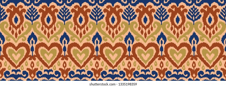 Ethnic vector seamless pattern. Ikat textile stylized. Eastern embroidery tile. Indian Scandinavian Mexican Pakistan woven ornament.