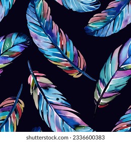 Ethnic vector seamless pattern in native style. Bright watercolor colored feathers isolated on black background