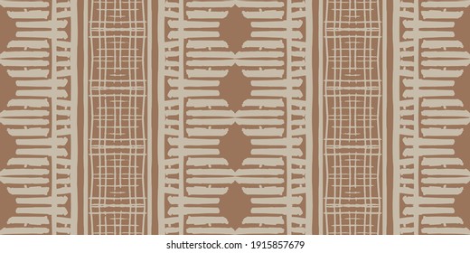 Ethnic Vector Seamless Tile. Brown Aztec Boho Rug. Pillowcase Geometric Ornament. Graphic Handmade Design. Beige African Tapestry. Abstract Bohemian Pattern.