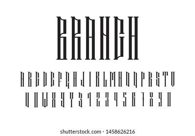 Ethnic vector serif font. Authentic slavic stylized alphabet bold symbols. Decorative isolated uppercase black letters and numbers on white background. Creative minimal latin typeset