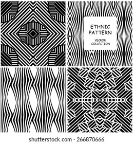 Ethnic Vector set of four  seamless patterns. Linear trellis, wavy and fine grid repeating backgrounds. Monochrome collection whit Eclectic African motif.