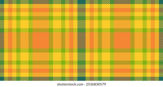 Textura de tartan vetor étnico, criação verificar tecido sem costura. Padrão de fundo têxtil de traje reproduzido na paleta de cores amarelo e laranja.