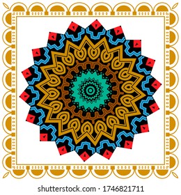 Ethnic vector zig zag mandala pattern. Geometric abstract flower background. Creative modern design. Geometry zig zag lines, stripes, shapes. Tribal folk style zigzag ornaments. Square frame, border.