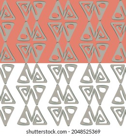 
Diseño vertical étnico, diseño a mano sin costura, forma triangular, paleta de color gris beige. Fondo fácil de editar, blanco o rojo coral. Vector
