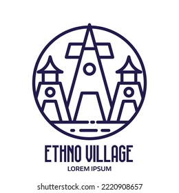 Ethnic village in asian style circle icon in line art style. China or Japan palace logo template.